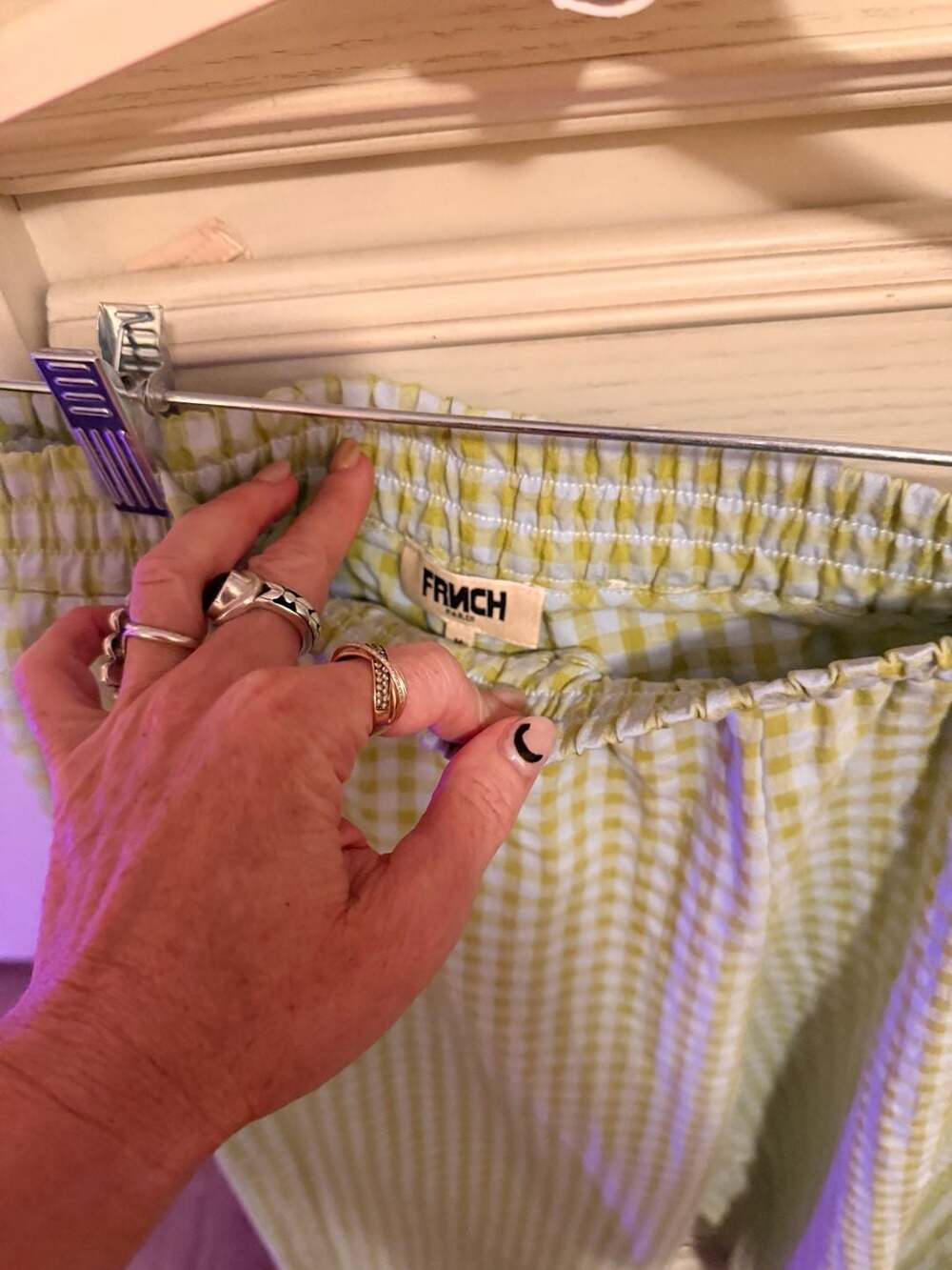 FRNCH Paris Lime Green and White Gingham Wide Leg Pants